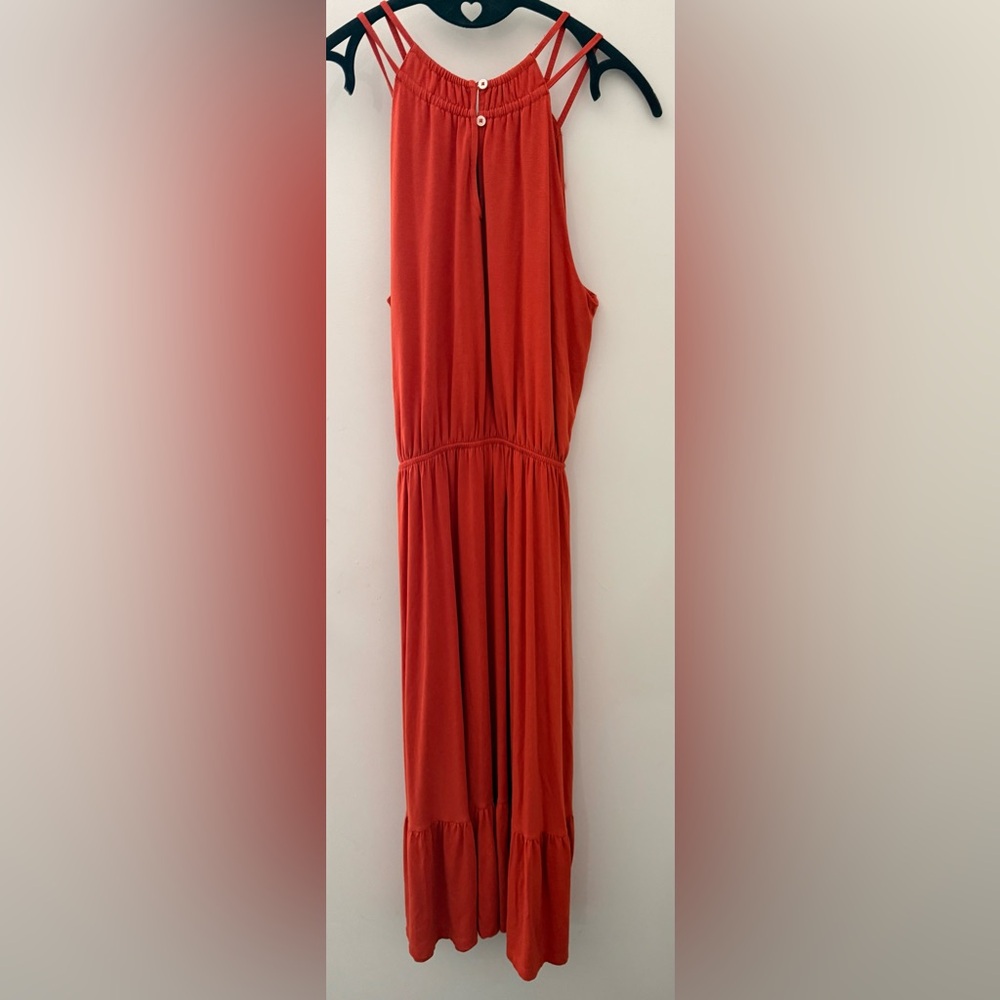 LOFT Coral-Orange Halter Midi Dress with Tie Waist - Picture 6 of 7